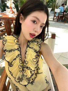 Women's Blouses 2024 Summer Casual Loose Fit Chiffon Pullover Blouse Yellow Print V-Neck Ruffle Sleeve Tank Top Holiday Clothing