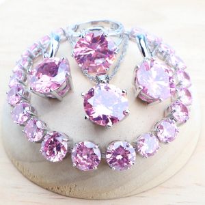 Bracelets Pink Zircon Bridal Jewelry Sets Jewelry 925 Sterling Silver Rings Pendant Weddinng Necklace Bracelets Earrings Set For Women