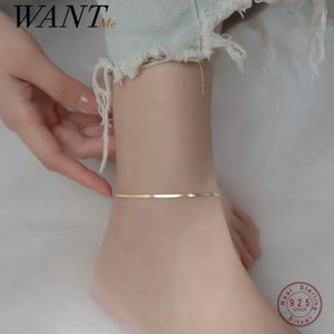 Wantme 925 Sterling Silver Minimalist 18K Gold Glossy Snake Bone Anklet For Women Beach Summer Charm Party Jewelry Accessories 240119