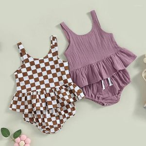 Clothing Sets Summer Born Baby Girls Clothes Cotton Line Solid/Plaid Print Sleeveless Ruffles Tanks Tops Drawstring Shorts Outfits