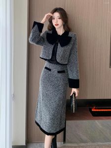 Vestido de duas peças doce e picante elegante terno feminino saia conjunto 2024 outono inverno high-end casaco curto de lã meio comprimento de duas peças
