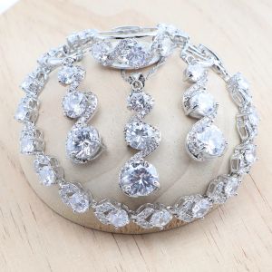 Necklace Wedding 925 Silver Jewelry Sets Round White Zircon Bracelets Earrings Rings Pendant Necklace Set For Women