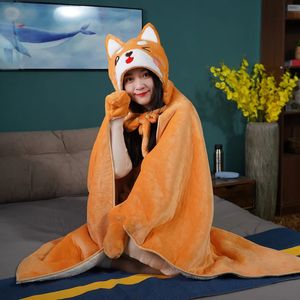 2 dimensioni carino Shiba Inu peluche mantello bambole animale adorabile coperta per cani scialle in tessuto di flanella caldo regalo invernale per bambina giocattoli di Natale 240123