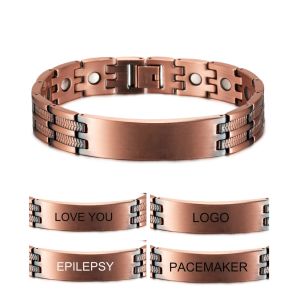 Pulseira de cobre puro nome personalizado ajustável pulseira de identificação médica lembrete de mensagem personalizada pulseiras magnéticas para homem