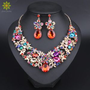 Halsketten Mode Multicolor Blumenkristall Halskette Ohrringe Set Brautschmucksets für Bräute Hochzeitsfeier Kostümschmucksets