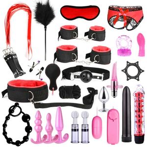 Vuxna leksaker bdsm sexiga läder kit vuxna sex leksak set för kvinnor män handbojor bröstvårta klämmor piska spanking sex metall anal plug vibrator rumpa