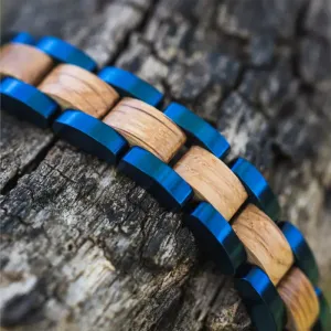 Bracciali 9mm Uomo Donna Bracciale in acciaio inossidabile Marchio di lusso Fascino Metallo Legno di quercia Bandelle in acciaio blu Bracciale con elementi in legno Prezzo di fabbrica