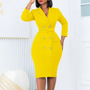 Casual Dresses Elegant Office Ladies for Women Notched Collar Double Breasted Belt Waisted Package Hips Mid Calf Professional Work Robe