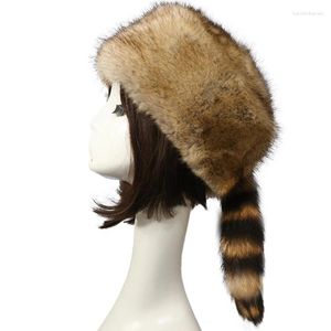 Berets Winter Hat Adult Thick Warm Faux Fur Ladies Round Top With Tail Russian