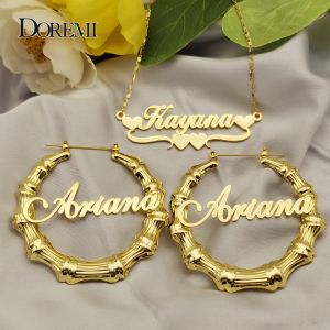 Earrings DOREMI One Name Earrings and Necklace set Tile Chain Round Bamboo Earrings Custom Bamboo Letter Personalised Name Earrings Gift