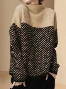 Kvinnors tröjor stickad tröja Kvinnor Casual Vintage Knit Pullover Autumn Winter Warm Turtleneck Knitwaer Office Lady Elegant Loose Jumper