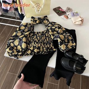 Conjuntos de roupas Urso Líder Meninas Conjunto 2024 Primavera / Outono Doce Pescoço Quadrado Plissado Flor Imprimir Manga Longa Top Calças