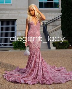 Rose Pink Sparkly Mermaid Prom Birthday Dress for Women Luxury Diamond Crystal Sequins Evening Ceremony Gown Black Girl