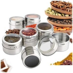 Herb Spice Tools Magnetic Jar Set Ru/En Label Sticker Stainless Steel Base Spices Container Organizer Pepper Seasoning Spray Tin I Dhr47