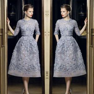 Elie Saab Short Prom Dresses spets knälängd applikationer halv ärmar aftonklänning formella festklänningar286g