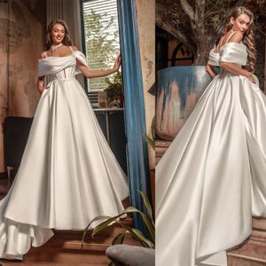 Classic A Line Women Wedding Dress Off Shoulder Spaghetti Strap Bridal Gowns Solid Color Lace Up Sweep Train Dress Custom Made vestidos de novia