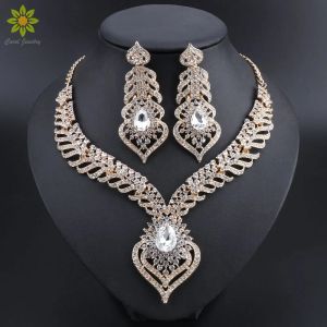 Schroevendraaiers Gold Color Full Clear Rhinestones Statement Necklace Earrings Set for Women Indian Bridal Wedding Jewelry Sets