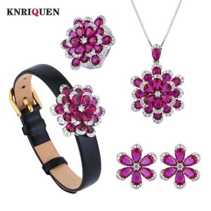 Sets 2023 New Ruby Necklace Pendant Rings Bracelet Earrings Fine Jewelry Sets for Women Vintage Lab Diamond Wedding Party Lady Gift