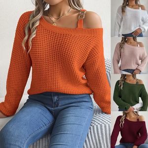 Kadın Sweaters Moda Sonbahar Kış Tüyü Hollow Slash Boynlu Süveri Süveter Katı Omuzdan Katı Jumper Kadınlar Fener Kollu Kazak