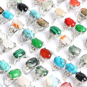 Band Rings 10Pcs/Lot New Fashion Bohemian Crystal Real Natural Stone Rings Jewelry For Women Men Silver Colorful Wedding Gift 240125