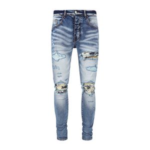 Jeans masculinos nova alta rua na moda marca buraco quebrado crepúsculo coqueiro impressão dobrado remendo elástico fino ajuste lavagem azul touro