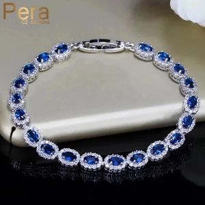 Strands Pera Fashion Women Silver Color Summer Jewelry Design Dark Blue Cubic Zirconia Oval Chain Link Bracelets for Mothers Day B070