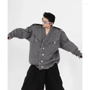 Herrenpullover Herbst Hip Hop Reißverschluss V-Ausschnitt Strickjacke für Männer Y2K lose solide Einreiher Metallschnalle Tops Herren Pullover Outwear