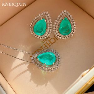 Halsband 2021 Ny ankomst Pearshape Paraiba Tourmaline Gemstone Lab Diamond Pendant Halsband studörhängen smycken uppsättningar gåvor till kvinnor