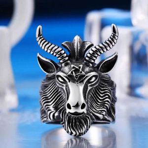 Band Rings Vintage Animal Goat Rings For Men Gothic Stainless Steel Lucifer Goat Head Skull Ring Cool Men Boy Jewelry Gift Wholesale 240125