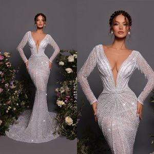 Luxury Pearls Mermaid Wedding Dresses V Neck Sequins Bridal Gowns Custom Made Long Sleeve Illusion Bride Dresses Plus Size