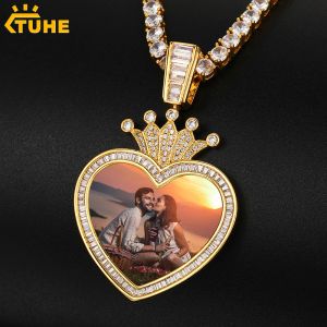 Necklaces Crown Custom Photo Pendant Necklace For Men Hip Hop Jewelry Heart Medallions Iced Out Zircon Pendant Engraved Name Gift