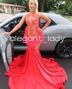 Red African Sparkly Trumpet Evening Pageant Dresses for Women Luxury Diamond Feather Black Girl Prom Celebrity Gown