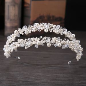 Liga getnoivas feminino dupla fileira pérola contas de cristal bandana hairband tiara princesa nupcial casamento coroa acessórios de jóias de cabelo sl