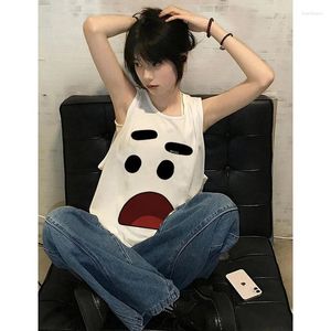 Women's Tanks Korean Cartoon Cute Sports Undershirt Female Summer Loose Round Neck Long Tops Ladies Youth Sportswear Sleeveless T-shirt