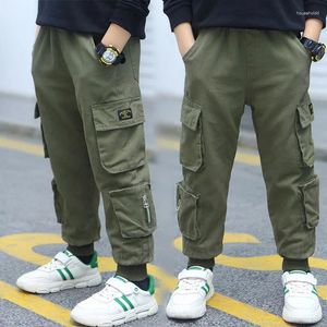 Calças primavera outono adolescentes calças para menino exército verde bolso grande meninos jeans crianças cintura elástica corredores carga 8 12 anos