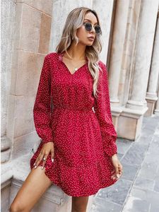 Basic Casual Dresses Polka Dot Print Dress Women Lace Up V Neck Full Sleeve Slim Short Dress T240129