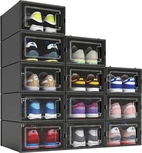 12 упаковок коробок-органайзеров для обуви, черные пластиковые штабелируемые контейнеры для хранения для шкафа, компактный держатель, витрина для кроссовок 240125