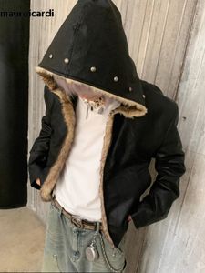 Mauroicardi Autumn Winter Cool Oversized Thick Warm Black Pu Leather Jacket Men with Faux Fur Trim Hood Luxury Designer Clothes 240125