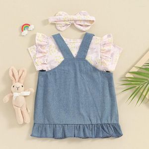 Conjuntos de roupas Baby Girl Easter Outfit Nascido Vestido Manga Curta Romper Denim Geral Headband