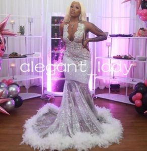 Silver Sparkly Mermaid Prom Birthday Dresses for Women Luxury Diamond Sequins Feather Evening Ceremony Gown black girl