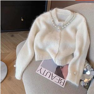 Women's Knits Spring Fashion Long Sleeve Fairy White Sweater Chic French Pearl Beads Collar Knitted Cardigan O Neck Retro Soft Short Top