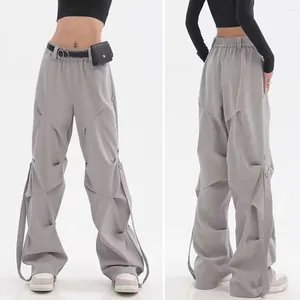 Women's Pants Retro High Street Women Cargo Buttons Straps Design Oversized Straight Wide Leg Pleated Elastic Waist Long