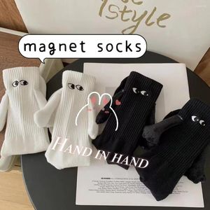 Women Socks Magnetic Hand In Couples Summer Funny Creative Mid-Tube Black White Cartoon Eyes Personalized Long