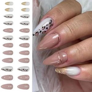 Unghie finte Manicure lunga a mandorla Bordo dorato French Fake Nials Punte per unghie staccabili leopardate Fai da te