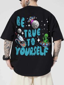 Men's T-Shirts Dream Space To Be True To Yourself Cartoon Pattern Short Sleeve Man Cotton Loose T-Shirts Cool Fashion Tops Creative Tee ShirtH24129