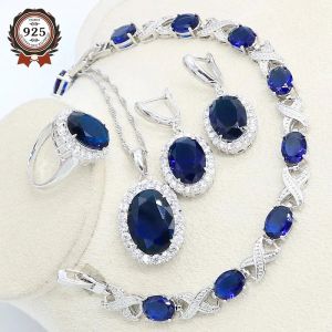 Pierścienie luksusowe niebieskie półprecious srebrny biżuteria dla kobiet z bransoletą obręcz kolczyka naszyjnik wisiorek