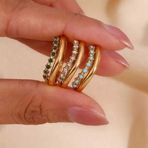 Bandringar 2023 Rostfritt stål smycken i trend Micro Paled Rhinestone Multiple Layer Wedding Party Rings for Bridal Gold Plated Ring 240125