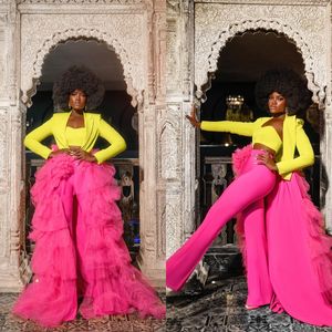 Slim Fit Classic Prom Dress Sexy Ruffles Detachable Train Formal Evening Gowns Short Jacket + Flare Pants Robe De Soiree