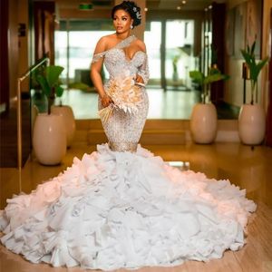 Stunningbride 2024 White Exquisite Crystal Mermaid Wedding Dresses Vintage One Shoulder Beading Bridal Gowns Custom Made Ruffles Dress