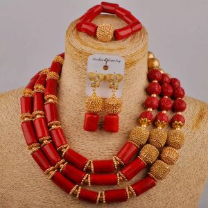 Cloisonne Red Coral Necklace African Beads Jewelry Set Nigerian Wedding Bridal Jewelry Sets